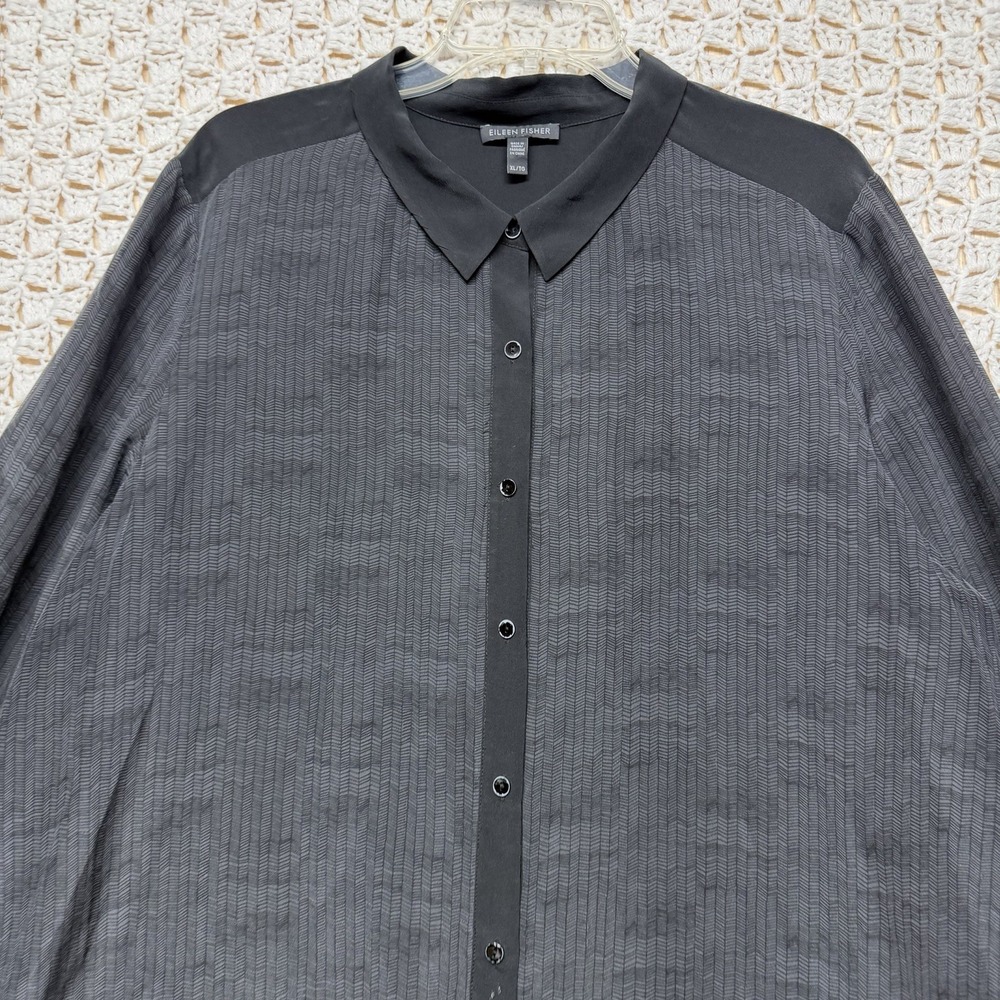 Eileen Fisher 100%Silk Shirt Top Women XL Gray Black WhimsigothFairt Button - Picture 9 of 10
